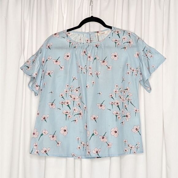 Tucker Tops - Tucker NYC Lola Top Tahitian Breeze in Silk Cotton Floral Baby Blue Crewneck